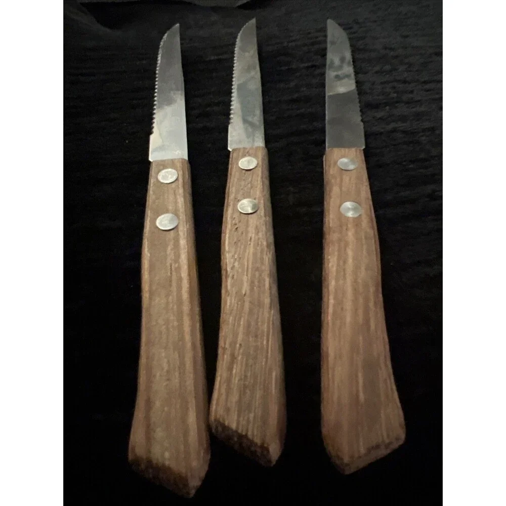 Vintage Knife Serrated Blade Wood Handle | 8” | Set of 3